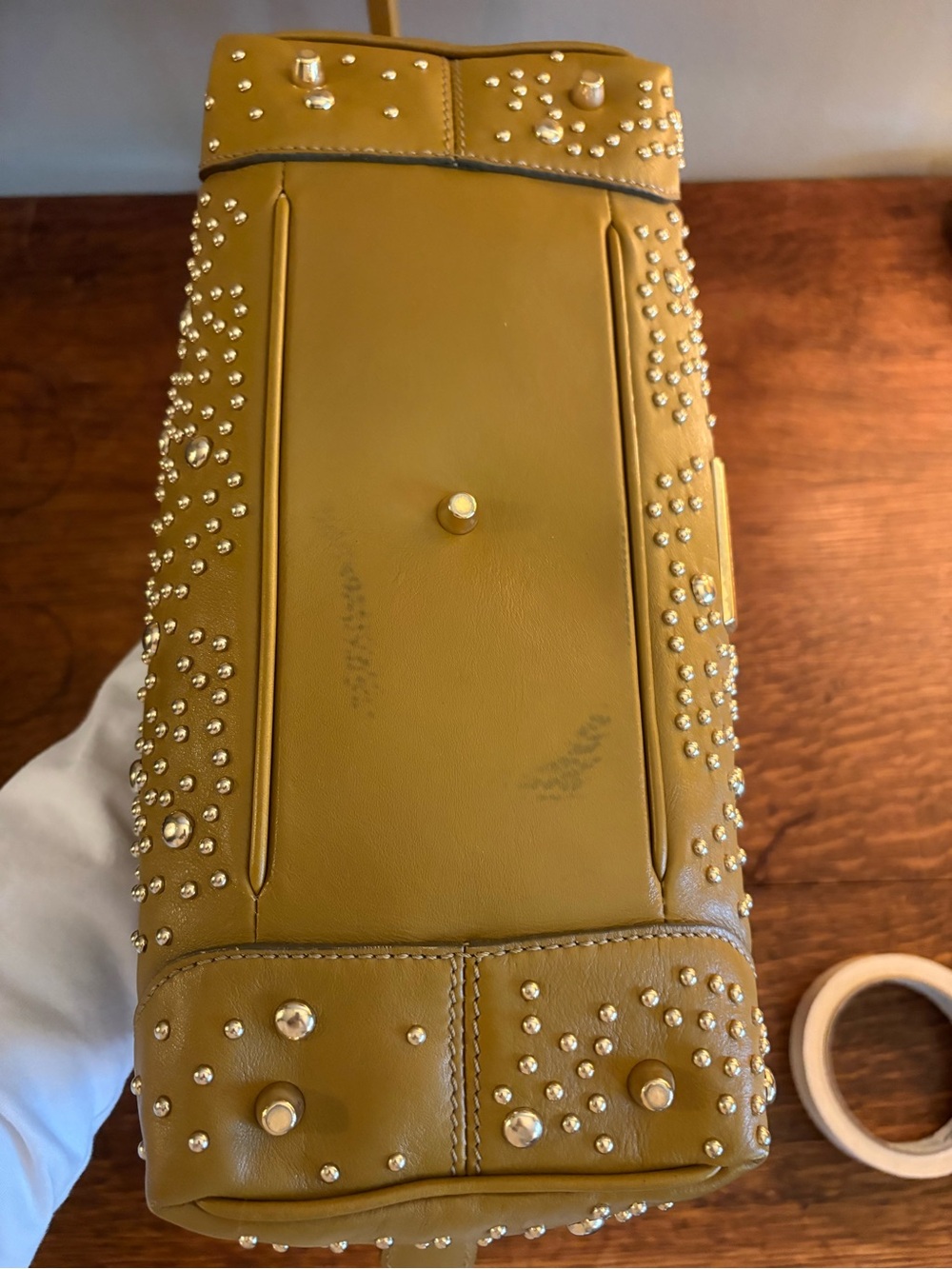Burberry Orchard Studded Olive Leather Bowling Satchel Bag - Picture 10 of 17